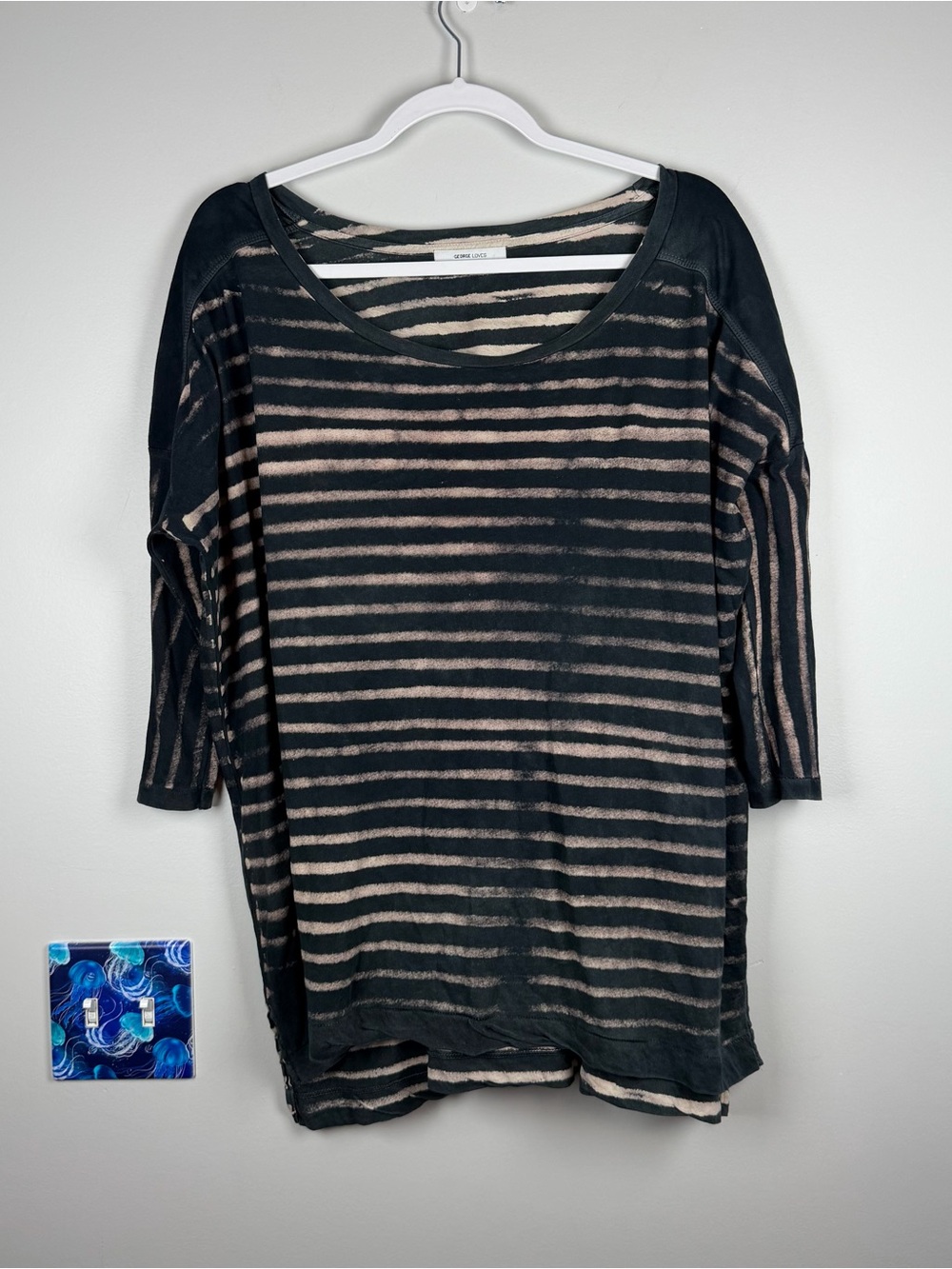 George Loves Black Tan Stripes Cotton Top Blouse Artsy Lagenlook Small